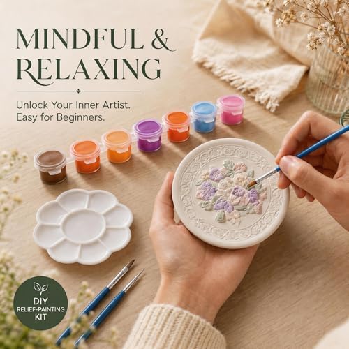 HuiBeans 3 Pcs DIY Floral Plaster Plate Painting Kit for Adults - 3D Flower Relief Plaques with 3 Display Stands, 6 Paint Strips, 9 Brushes, 3 Palettes & 3 Gift Bags - Ceramic-Like Home Decor - Image 4
