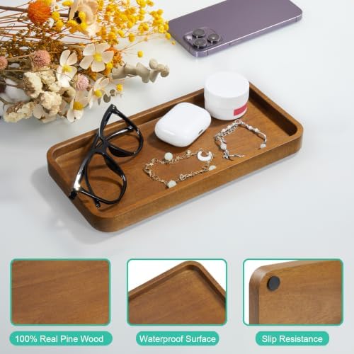 ALELION 10" Acacia Wood Bathroom Vanity Tray for Counter, Wooden Soap Dispenser Tray for Kitchen, Toilet Tank Tray, Perfume Makeup Jewelry Catchall Organizer - Image 3