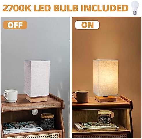 Small Square Bedside Table Lamp for Bedroom, Minimalist Wood Base & Round Fabric Shade, Mini Cute Cozy Warm Nightstand Boho Lamp, Study Desk Night Stand Light for Room, Dorm, Nursery, Living Room - Image 4