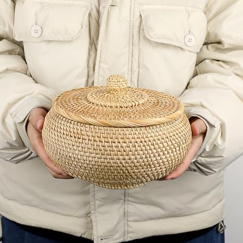 Hipiwe Round Rattan Basket Box with Lid Small Hand-Woven Wicker Basket Bin - Image 4