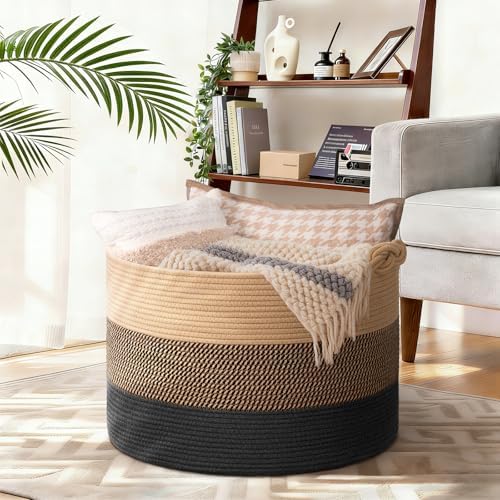 CherryNow 22"x22"x14" Large Blanket Basket, Home Décor for Living Room Bedroom, Decorative Wicker Woven Basket for Clothes, Toy Storage Basket for Kids, Camel Mix & Black - Image 2