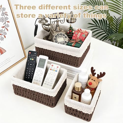 Large Wicker Storage Basket with Liner, Hand-Woven Paper Rope Rattan Organizer Bin for Pantry, Countertop, Bathroom, Bedroom, Shelves (Dark-Brown, L) - Image 3
