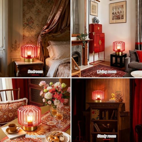 Red Glass Table Light Touch Table lamp Mid Century Modern Table lamp Gold Desk lamp nightstand lamp Vintage Table Lamps Small Table Lamp for Bedside end Table Bedroom Living Room Office - Image 5