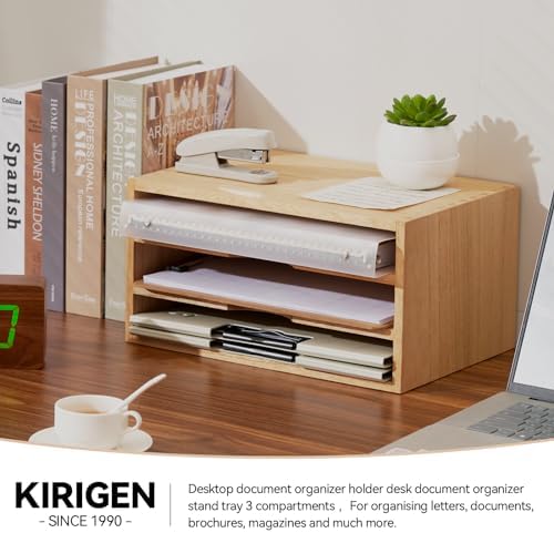 KIRIGEN Wooden Desk Organizer 3-Tier Letter Tray and Paper Sorter, Natural - Image 5