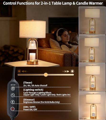 2 in 1 Large Gold Candle Warmer and Table Lamp Combo, Timer & Dimmer - Image 3