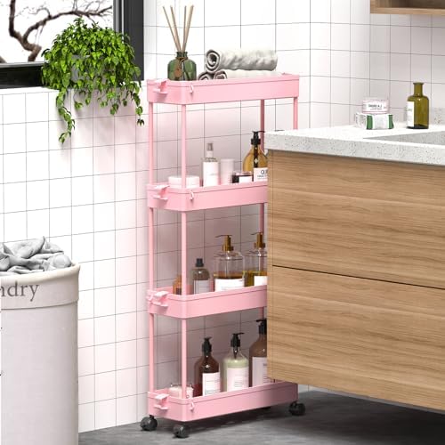 SPACEKEEPER Slim Rolling Storage Cart, 4 Tier Bathroom Cart Organizer, Pink - Image 5