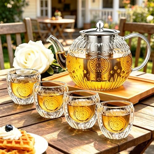 Amzcku 50OZ/1500ml Vintage Glass Teapot Set with 4 Cups, Teapot Set with Removable Infuser Stovetop Safe, Borosilicate Glass Tea Kettle for Blooming & Loose Leaf Tea - Image 2
