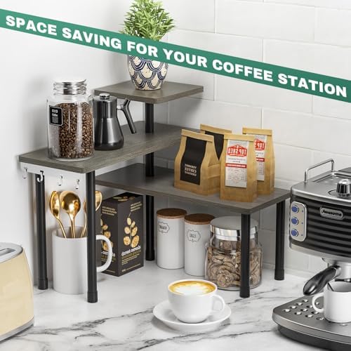 ZHWS Kitchen Countertop Organizer, Bathroom Counter Organizer, Adjustable 3 Tier Corner Shelf with 4 Metal Hooks for Counter Organize, Spice Rack, Makeups, Coffee Station Bookshelf (Rustic Grey) - Image 5
