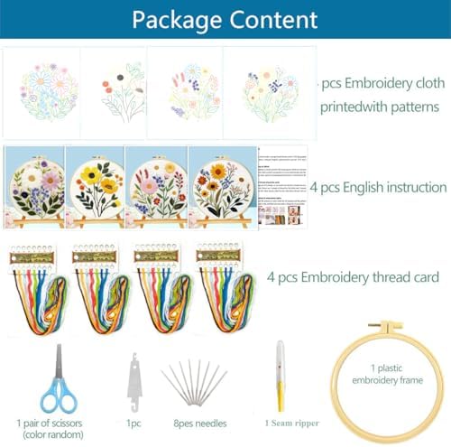 Zhenqing 4-Piece Floral Embroidery Kit for Beginners - Complete Set with Printed Cotton Fabric, Hoop, Threads & Tools (C0155) - Image 4