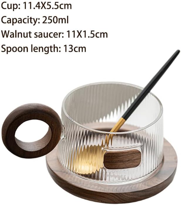 Dxcaicc Glass Coffee Cup 9 Oz Set, 250Ml Tea Cup with Handle, Clear Juice Cup with Wooden Saucer, Heat-Resistant Water Cup Set with Spoon,A - Image 2