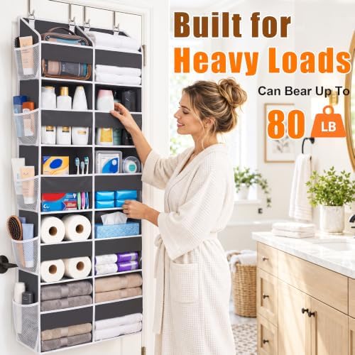 Heavy Duty Over The Door Organizer 5 Tiers, Extra Large Behind Door Storage of 10 Big Front & 10 Mesh Pockets, 80lb Weight Capacity, Hanging Doors Storage Organizer for Closet Bedroom Nursery, Grey - Image 3