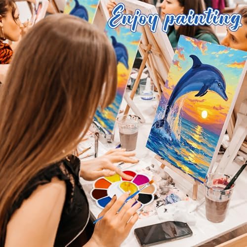 Motipuns 6 Set Pre Drawn Canvas for Painting for Adults Sip and Paint Kit with Easels 8 x 10 Inches Paint Party Kit with Printed Canvas Paints Brushes Palette Apron(Sunset Dolphin) - Image 5