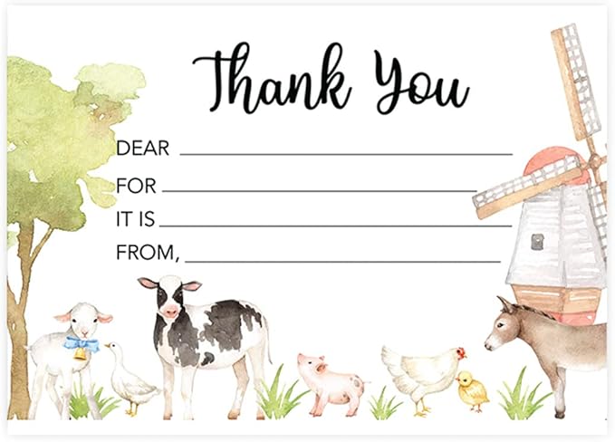Andaz Press Kids Fill in the Blank Thank You Cards - 20 Cards Including Envelopes Farm Animals Gender Neutral Note Cards For Boys Girls Birthday Thank You Notes for Friends, Family Party Guests