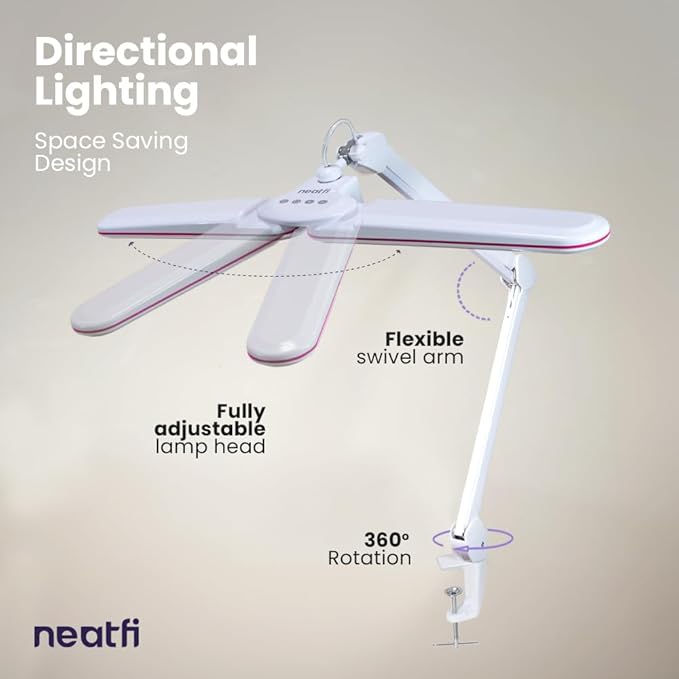 Neatfi Elite HD XL LED Desk Lamp, 3 Light Modes, 90PCS SMD LED, Non-Polar Dimming, Bright Eye-Caring Lighting for Home Office, Drafting, Beauty Shop, Workbench (CCT with Clamp, Pink Ring, 17 Inches)