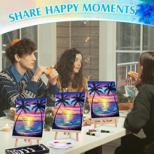 Cholemy 8 Set Paint and Sip Kit for Adults 8'' x 10'' Pre Drawn Canvas with Wooden Easels Acrylic Paint Brushes Wash Cup Palette Apron for Painting DIY Date Night Party Supplies(Sunset) - Image 5