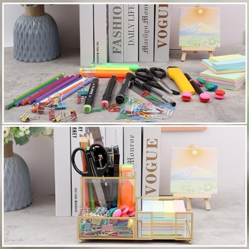 Desk Organizer with 3-Compartments,Glass Small Desk Organizer for Pens Pencils Business Cards Sticky Notes Paper Clips,Gold Stylish Pen Holder for Desk Home Office Decor - Image 5