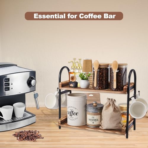 BDBDYEAY Coffee Bar Accessories, 2-Tier Coffee Bar Organizer with 4 Coffee Cup Holder Hooks, Mul-tifunctional Wooden Beaded Coffee Station Countertop Stand Shelf for Kitchen Home Office - Image 3