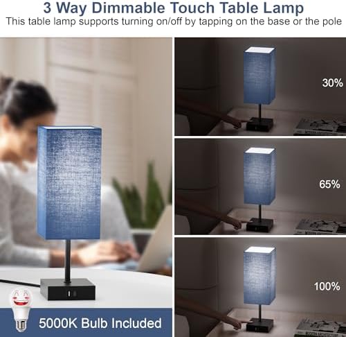 Bedside Table Lamp for Bedroom with 2USB Ports, 14-Inch, NavyBlue - Image 2