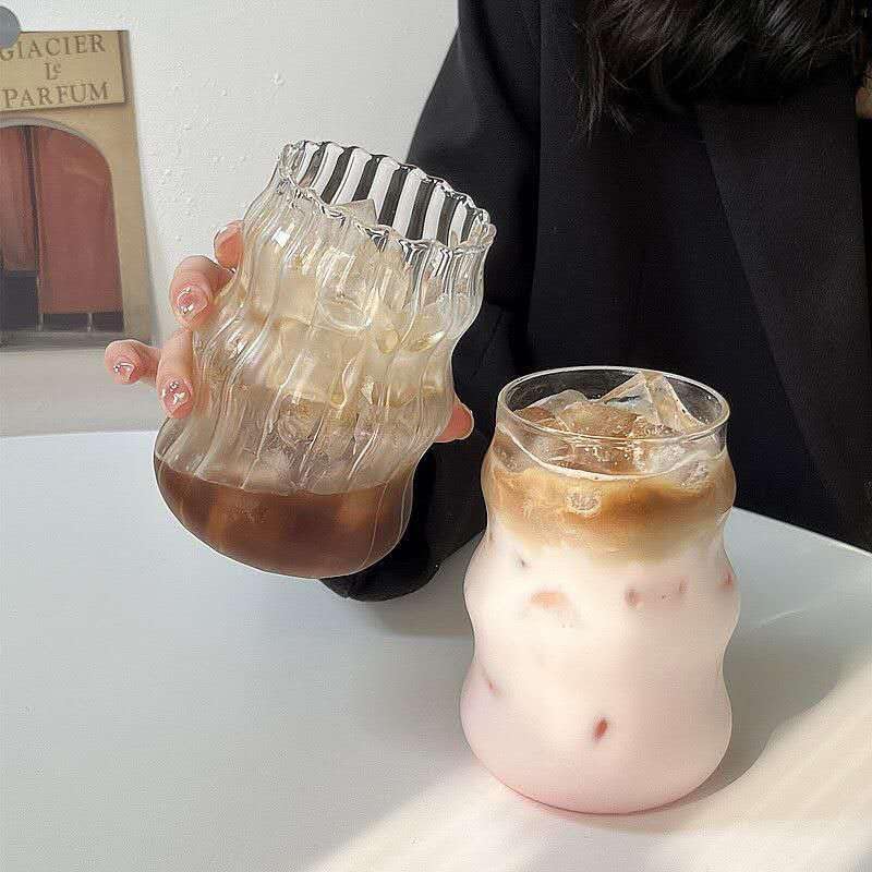 2 Pcs Ribbed Glass Cups, 18 Oz Vintage Drinking Glassware with Wave Shape Design, Bubble Cups for Iced Coffee, Juice, Beverage, Milk, Cocktails, Bubble Tea, by Unknown