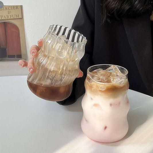 2 Pcs Ribbed Glass Cups, 18 Oz Vintage Drinking Glassware with Wave Shape Design, Bubble Cups for Iced Coffee, Juice, Beverage, Milk, Cocktails, Bubble Tea, by Unknown