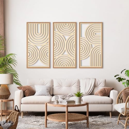 IARTTOP Large Boho Wood Wall Art Set of 3 Framed Wooden Mid-Century Modern Wall Decor Minimalist Modern Abstract Geometric Decor for Living Room Bedroom Office-16x32 Inch - Image 2