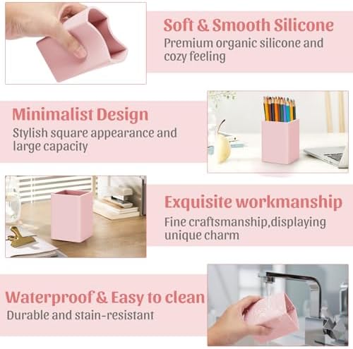 Pen Holder for Desk,Nordic Elegance Square Silicone Pencil Holder Soft Minimalist Desk Pen Cup Stand Waterproof Multifunctional Office Supplies for Home,Kids and School(Pink) - Image 6