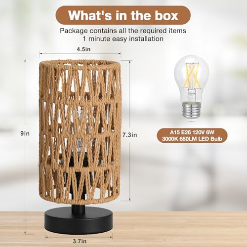 Table Lamps Set of 2 (Rattan Rope Shade - Black Base, 9" Inline Control) - Image 3