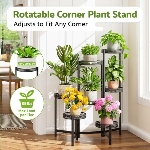 7 Tier Large Metal Plant Stand Indoor Outdoor with 7.9 Inch Wide Tray, Tiered Corner Plant Stand, Flower Display Holder Shelf, Folding Tall Rack for Patio Porch Balcony Living Room Garden - BlackWave - Image 2