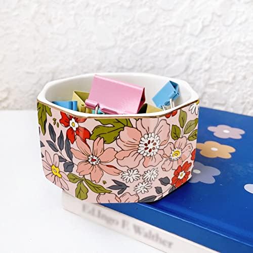 Ceramic Paper Clip Holder Gold Line Paper Clip Dispenser Organizer for Desk Cute Floral Pattern Office Binder Clip Holder Bobby Pin and Hair Clip Holder Gift for Office Pink Flowers - Image 3