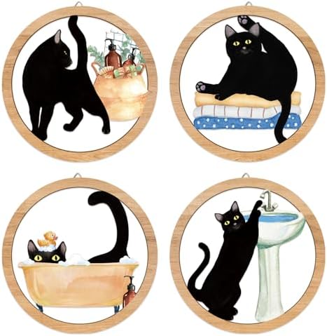 HPNIUB Funny Bathrooms Wall Decor, Black Cats In the Bath Wood Sign, 4 Pieces 10''x10'' Farmhouse Wooden Hanging Sign for Toilet Powder Room Restroom Wall Decoration, Lovely Cat Gifts by HPNIUB