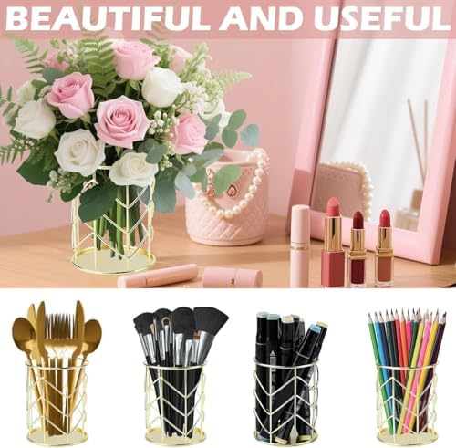2 Pcs Square Post Note Holder and Circle Pen Holder, Metal suit for Home Office Supplies Workspace School for Desk Organize(Gold) - Image 4