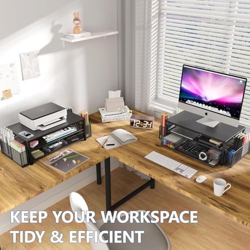 OPNICE Desk Organizer and Accessories, 2-Tier Computer Monitor Stand Riser with Drawer and 2 Pen Holders, Laptop Stand, Office Desk Accessories for Office Supplies, Black 2-Pack - Image 5