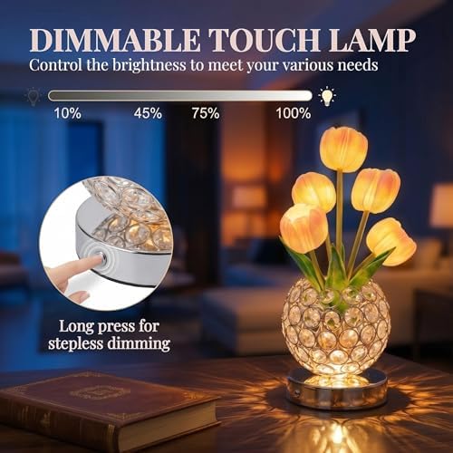 Tulip Night Light with Dazzling Crystal-Like Base, 3-Color Touch Control Flower Lamp, Stepless Dimming Rechargeable Floral Table Lamp, Aesthetic Romantic Gifts for Women Mom Wife (Pink) - Image 3