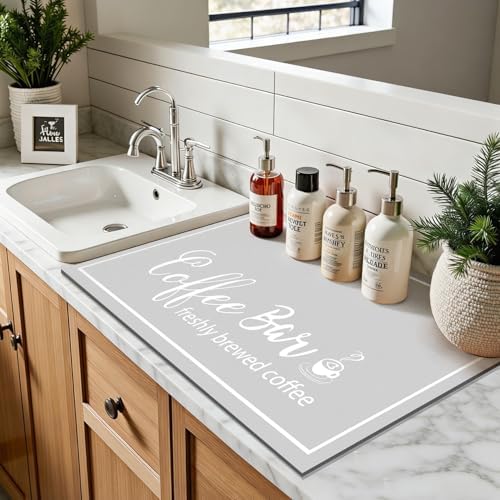 Findosom Dish Drying Mat, 17"x 32" Super Absorbent & Hide Stain Coffee Mat, Cuttable Drying Mat for Kitchen Counter, Coffee Bar Accessories, Under Dish Rack, Coffee Maker, Espresso Machine, LightGrey - Image 4