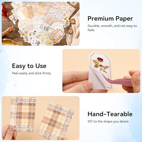 LIGHOON 400 Pcs Vintage Floral Scrapbook Paper, Floral Journaling Stickers Kit, 4 Pack Junk Journal Supplies for Bullet Journaling DIY Retro Crafts Planner Card Notebook Album - Image 5
