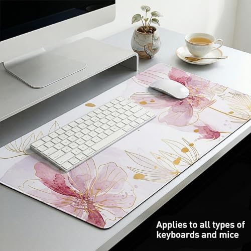 Pink Desk Mat, Aesthetic Floral Large Mouse Pad, 35.4 x 15.7 Inch XXL Keyboard Mat Non-Slip Waterproof Desk Pad, Full Desk Protector for Women Office Home (Pink) - Image 2