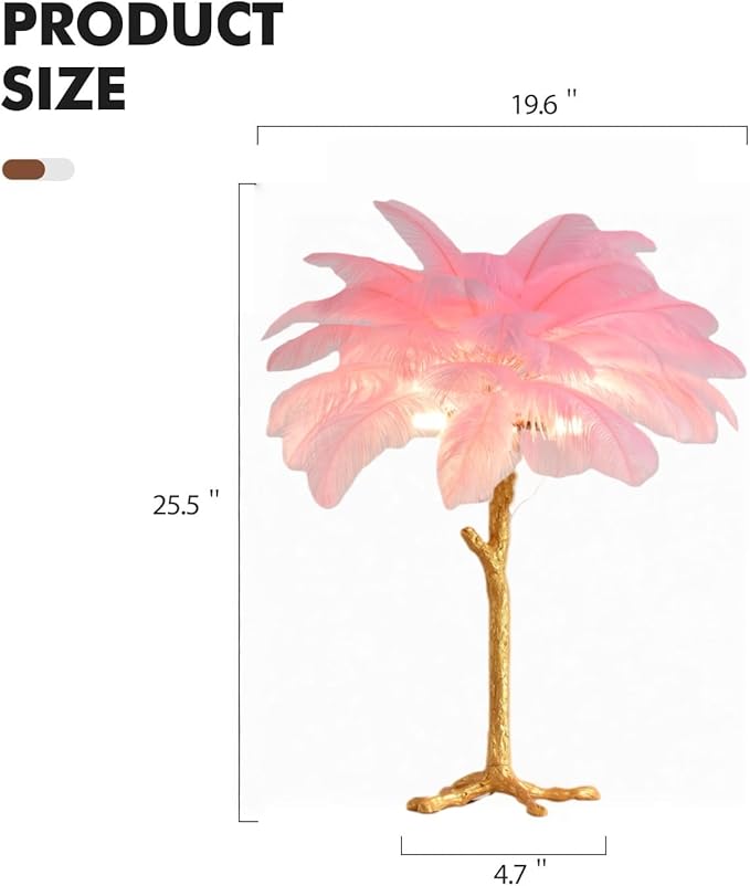 Pink Feather Lamp Romantic Ostrich Feather Bedside Lamp with Gold Resin Stand Coconut Fuzzy Table Lamp G4*3 Bulb Nordic Nightstand Light for Bedroom Living Room Entryway Christmas Gift