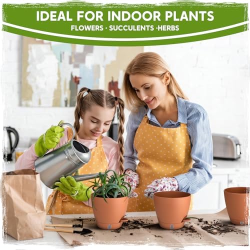Self Watering Pots for Indoor Plants (5/5.5/6/6.5/8 Inch), Terra Cotta Planters with Water Level Indicator & Drainage,Wicking Pots for Monstera, Herbs & Snake Plant (Terra Cotta, 5/5.5/6/6.5/8 Inch) - Image 6