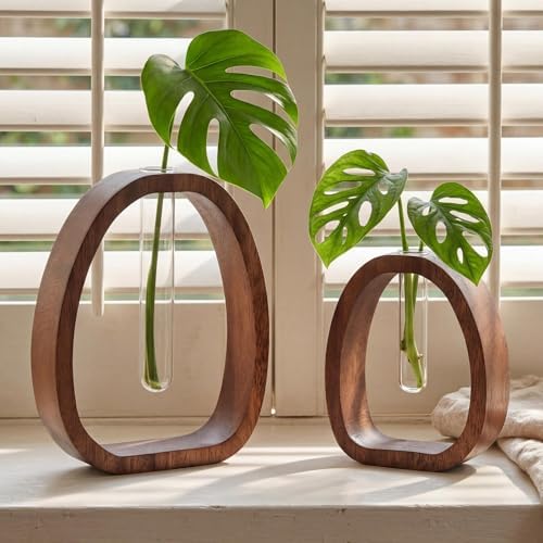 Houmury Walnut Wood Propagation Station Set of 2 Hydroponic Glass Test Tube Vases 7.5” & 5.8” for Plants Cuttings Modern Farmhouse Table Centerpieces for Home Office Desk Decor - Image 4
