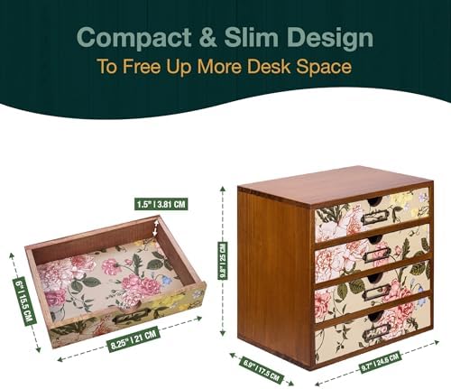 4-Drawer Vintage Desk Organizer with Jacobean Pattern Pastel Flowers Curio Drawer Dresser, Closet, Tabletop - Embroidery Reel Shelf Wood Desktop Organizing Cabinet - Victorian Floral Design - Image 2