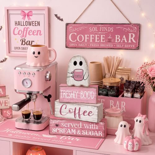 Moucuny 4 Pcs Pink Halloween Table Decorations Coffee Ghost Wooden Blocks - Image 4