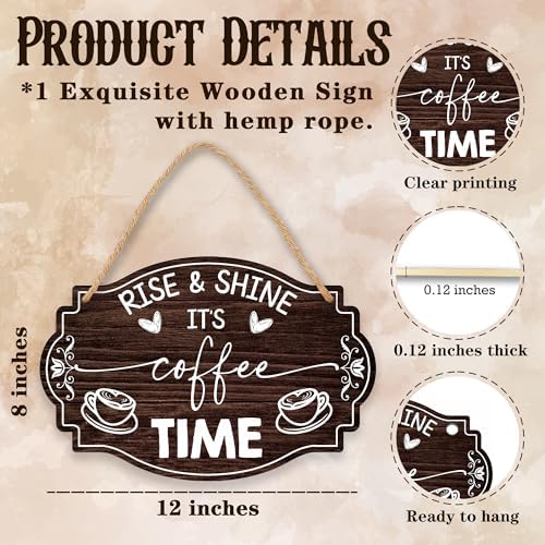 Coffee Bar Sign, Rise & Shine It's Coffee Time, 8 X 12 Inches Wooden Hanging Sign With A Hemp Rope, Kitchen Cafe Bar Station Door Decorations Wall Decor Accessories - Gifts For Friends Family - A06 - Image 2