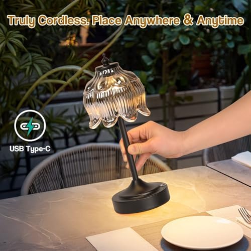 Cordless Table Lamp, Rechargeable Black Glass Lotus Flower Lamp - Image 2