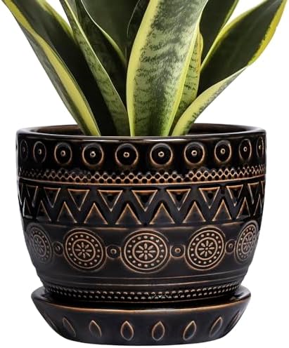 G EPGardening 5.5 Inch Ceramic Planter - Ceramic Plant Pot for Indoor Outdoor Plants, Boho Round Flower Pot with Drainage Hole and Saucer, Gifts for Plant Lovers, Office Garden Home Decor, Black by GEPGardening