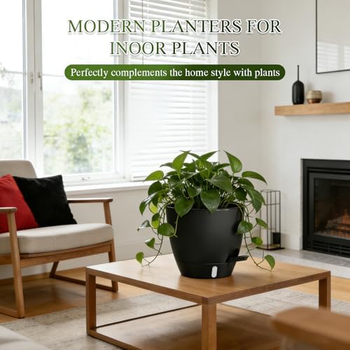 Self Watering Pots with Drainage Holes, 2 Pack 8 Inch Plant Pots with Water Level Indicator Deep Reservoir, Large Plastic Planter for Indoor Outdoor Plants - Black - Image 7