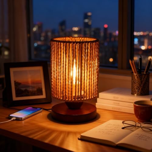 Handmade Rattan Lamp Boho Table Lamp for Bedroom, Small Woven Lamps for Night Stands with Warm White LED Bulb, Coastal Boho Lamp for Living Room Reading Nook Office Desk, 12cm Shade 20cm Height by DKCONONY