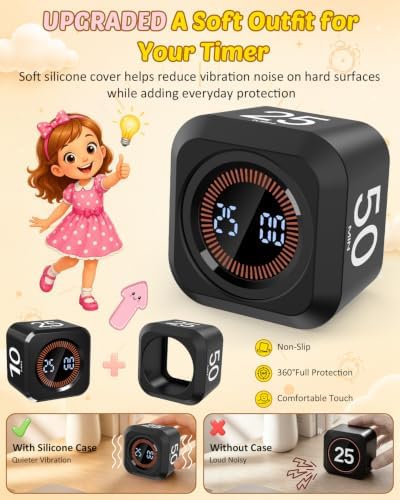 Pomodoro Timer Cube with Silicone Case 5/10/25/50 min, Vibrate&Sound Alarm - Image 2