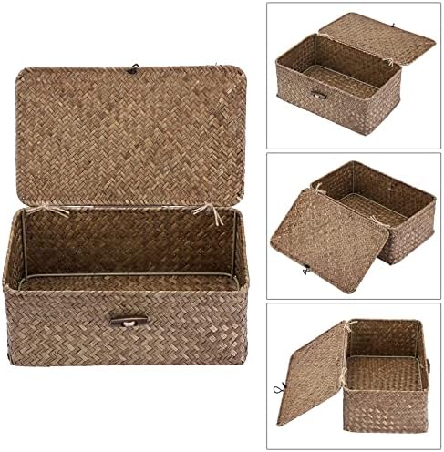 Hipiwe Wicker Shelf Baskets Bin with Lid Small Handwoven Storage Basket Box - Image 3