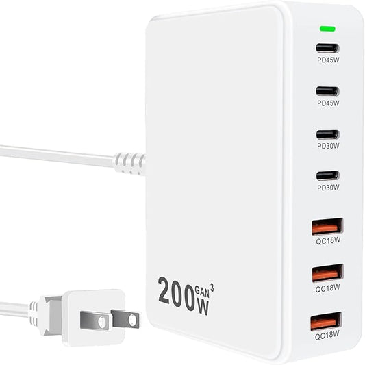 USB C Charger Block 200W 7 Port GaN Fast Charging Block Station, Multiport PD QC3.0 Brick Hub Compatible with Laptop MacBook Pro/Air, iPad, iPhone 17/16/15, Galaxy S23/22, DELL, Steam Deck(White)