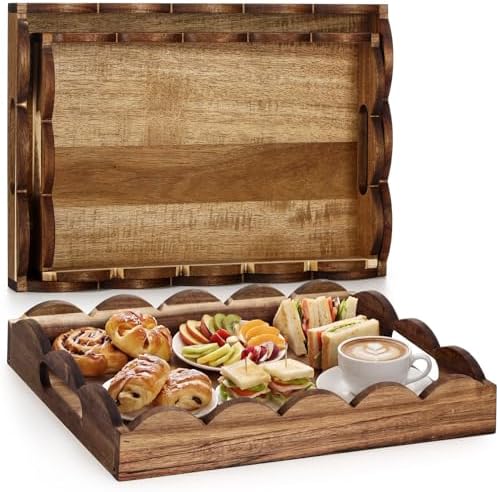 Sawysine 2 Pcs Wooden Scalloped Tray with Handles 10x14x2'', 8.7x12.6x2'' - Image 2